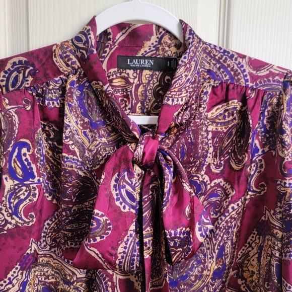 Lauren Ralph Lauren Tops - Lauren Ralph Lauren Black Label Paisley Satin Charmeuse‎ Tie-Neck Blouse Small